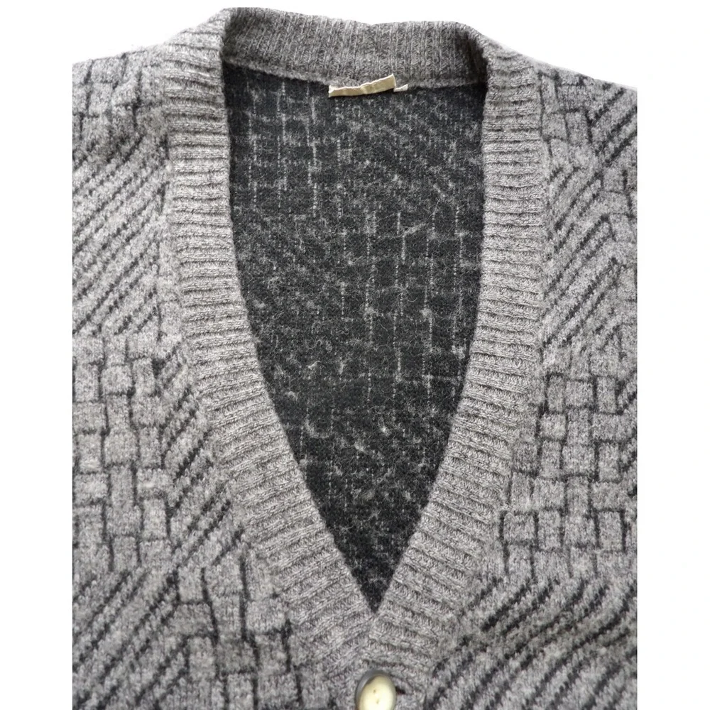 VTG 90s Clochard Men Cardigan Gray Wool Blend Geometric Woven V-Neck Sweater L/G